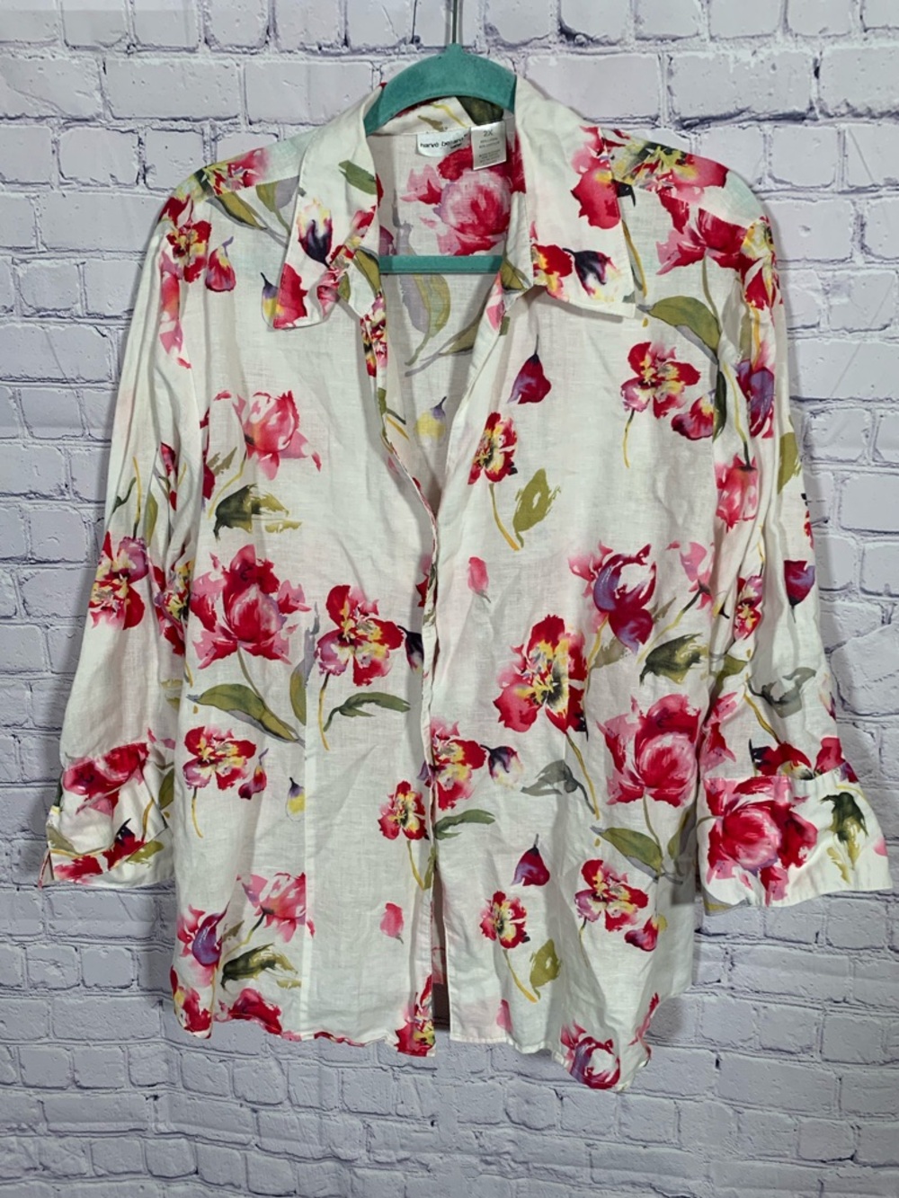 Harve Benard Womens Linen Blend Floral Button Down White Size 2X Fairy Casual